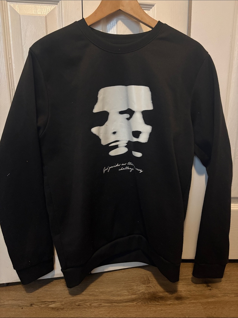 Black Crewneck Sweater with White Abstract Graphic